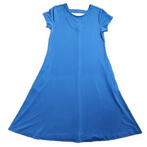 Susan Graver Women XS Blue Liquid Knit Cap Sleeve Knee Length Dress Pockets